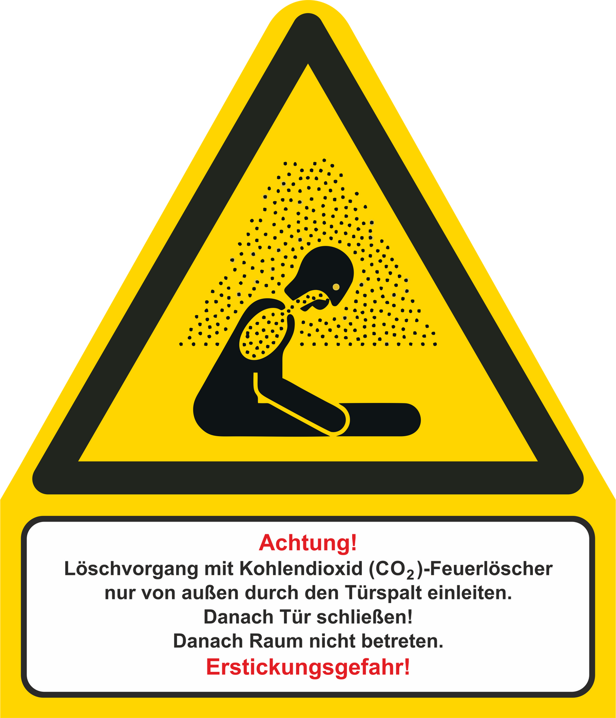 Warnschild (KOMBI), Warnung vor Erstickungsgefahr + Löschvorgang von außen – ISO 7010