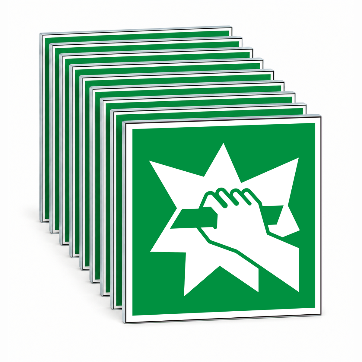 Rettungsschild Notausgangsvorrichtung (erreichbar nach Zerschlagen einer Scheibe) – ISO 7010 – Mehrfachpack