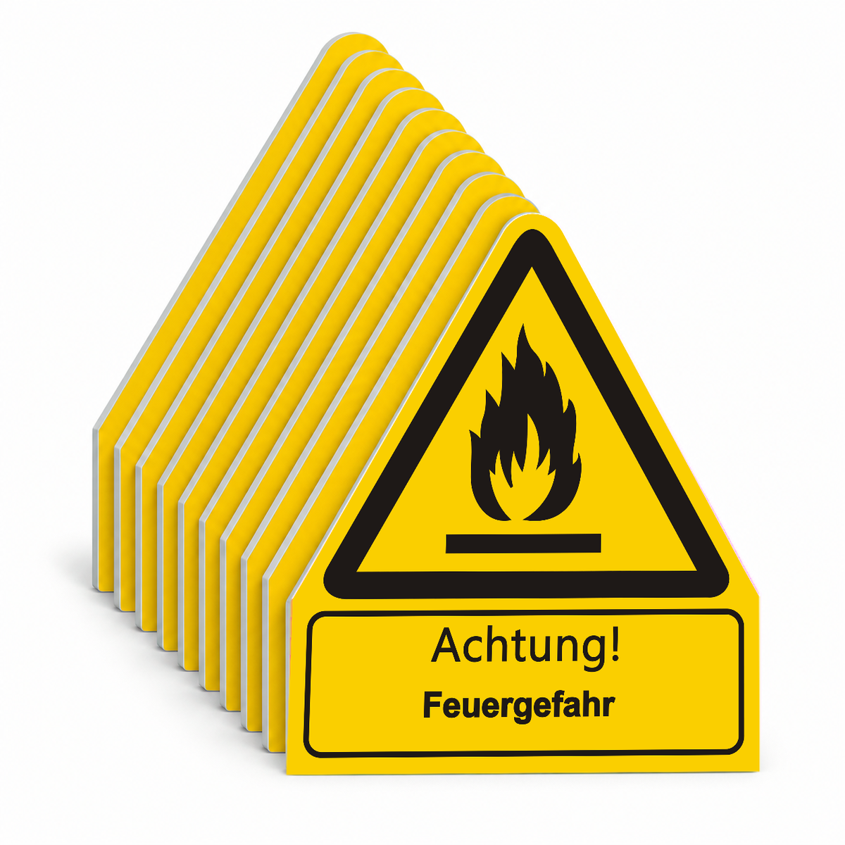 Warnschild W 021 mit Text Achtung! Feuergefahr – ISO 7010 – Mehrfachpack