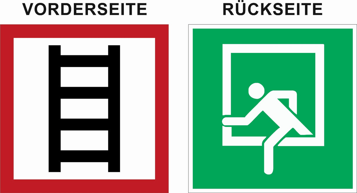 Aufkleber zweiseitig bedruckt – Symbole E019 Rettungsfenster + Stelle zum Anleitern E2