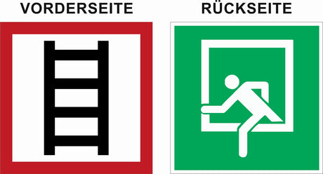 Aufkleber zweiseitig bedruckt – Symbole E019 Rettungsfenster + Stelle zum Anleitern E2
