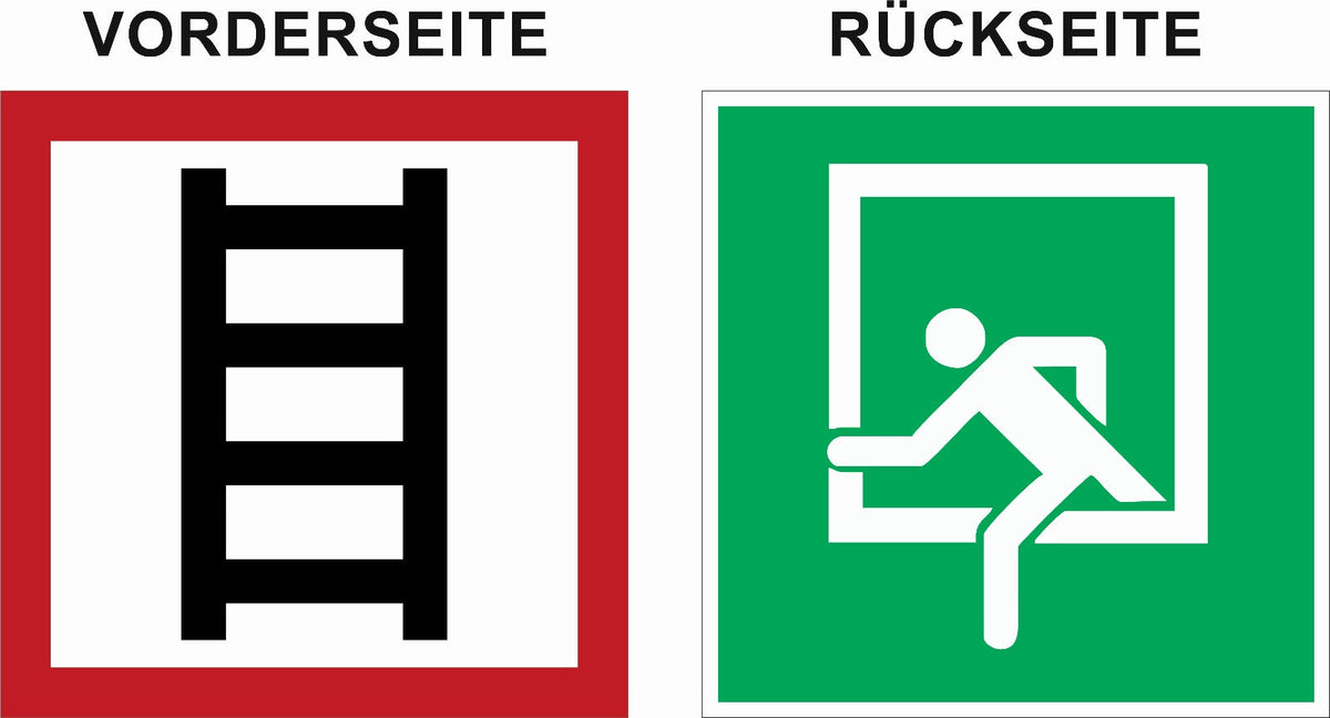 Aufkleber zweiseitig bedruckt – Symbole E019 Rettungsfenster + Stelle zum Anleitern E2