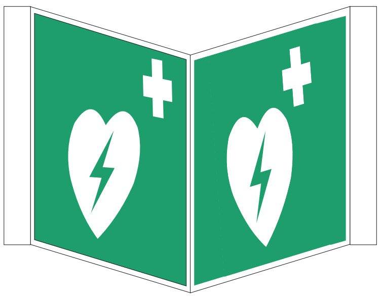 Nasenschild zweiseitig bedruckt mit 2 Symbolen Defibrillator – ISO 7010