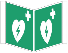 Nasenschild zweiseitig bedruckt mit 2 Symbolen Defibrillator – ISO 7010