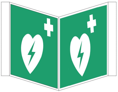 Nasenschild zweiseitig bedruckt mit 2 Symbolen Defibrillator – ISO 7010