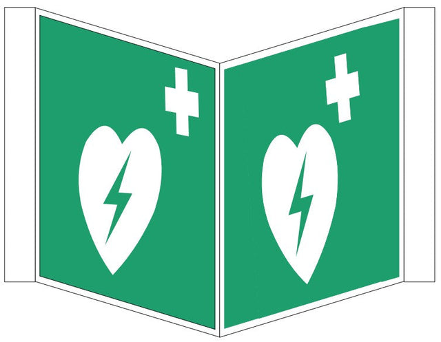 Nasenschild zweiseitig bedruckt mit 2 Symbolen Defibrillator – ISO 7010