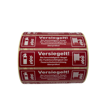 Aufkleber auf Rolle "Versiegelt..." mit Symbol ISO 7010 Feuerlöscher (F001) u. Wandhydrant (F002)