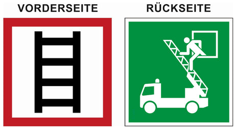 Aufkleber zweiseitig bedruckt – Symbole E017 Rettungsfenster und Stelle zum Anleitern E2