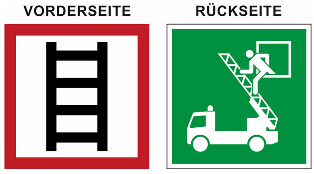 Aufkleber zweiseitig bedruckt – Symbole E017 Rettungsfenster und Stelle zum Anleitern E2