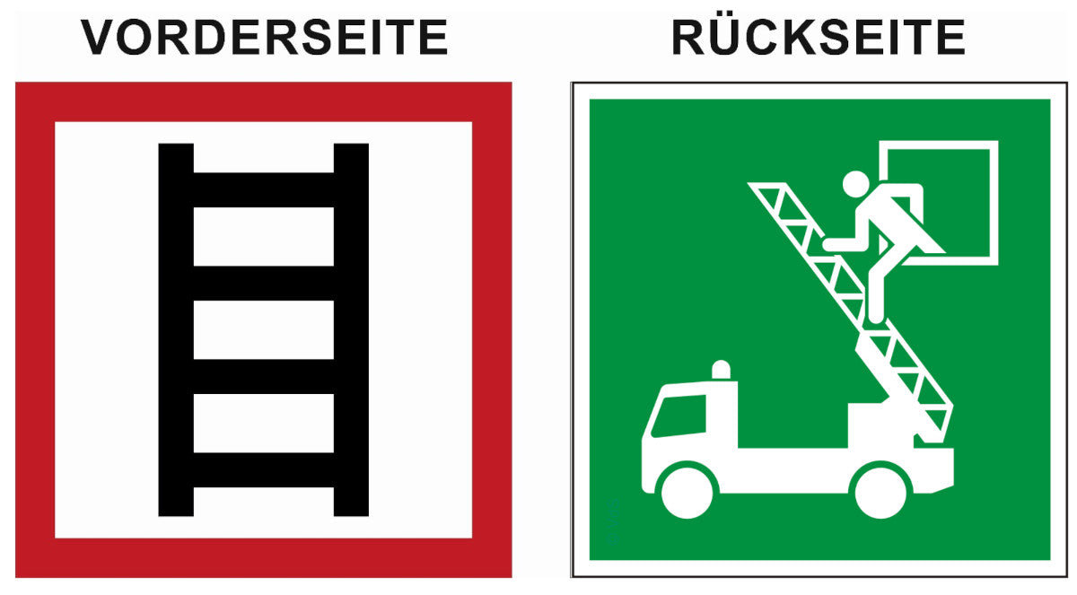 Aufkleber zweiseitig bedruckt – Symbole E017 Rettungsfenster und Stelle zum Anleitern E2