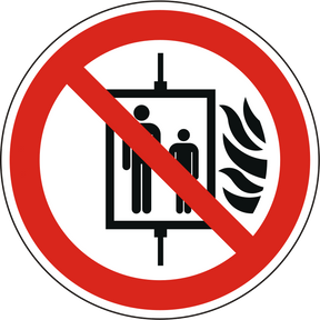 Brandschutzzeichen mit Symbol nach ISO 7010/P020, Aufzug im Brandfall nicht benutzen