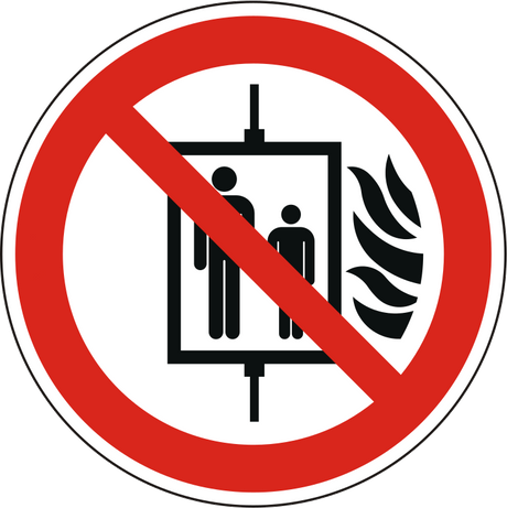 Brandschutzzeichen mit Symbol nach ISO 7010/P020, Aufzug im Brandfall nicht benutzen