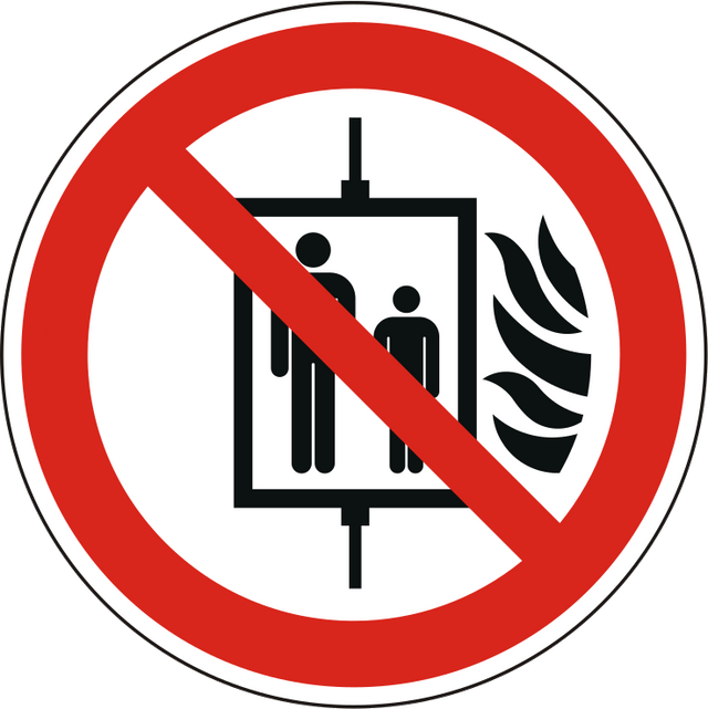 Brandschutzzeichen mit Symbol nach ISO 7010/P020, Aufzug im Brandfall nicht benutzen