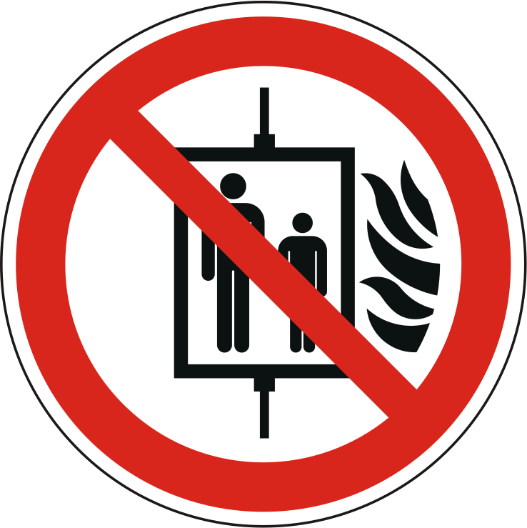 Brandschutzzeichen mit Symbol nach ISO 7010/P020, Aufzug im Brandfall nicht benutzen