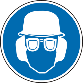 Gebotsschild als Symbol Augen – Gehör – und Kopfschutz benutzen