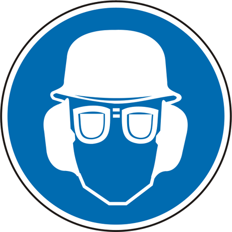 Gebotsschild als Symbol Augen – Gehör – und Kopfschutz benutzen