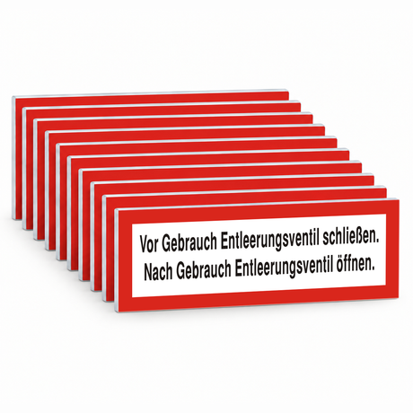 Brandschutzschild "Vor Gebrauch Entleerungsventil schließen…" – Mehrfachpack