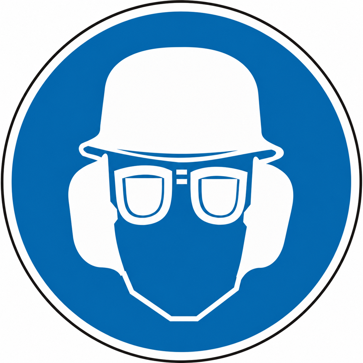 Gebotsschild als Symbol Augen – Gehör – und Kopfschutz benutzen