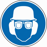 Gebotsschild als Symbol Augen – Gehör – und Kopfschutz benutzen