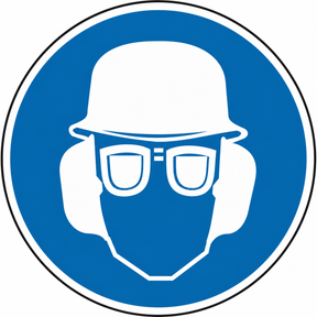 Gebotsschild als Symbol Augen – Gehör – und Kopfschutz benutzen