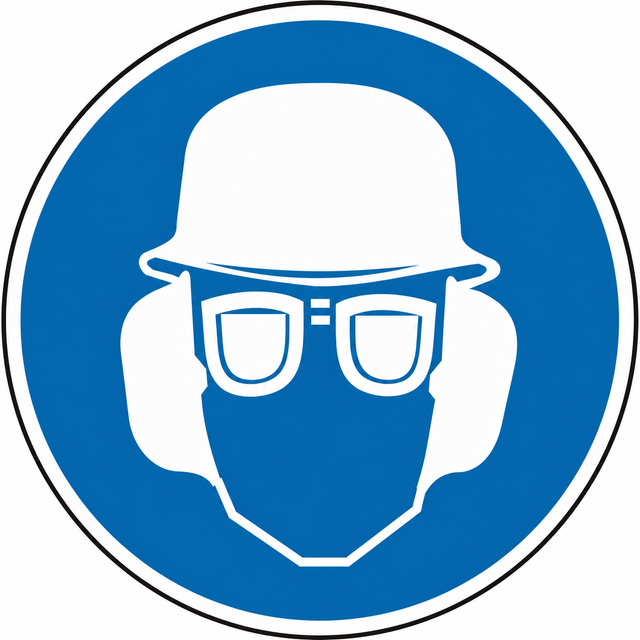 Gebotsschild als Symbol Augen – Gehör – und Kopfschutz benutzen