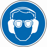 Gebotsschild als Symbol Gehör- und Augenschutz benutzen