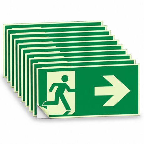 Rettungswegschild rechts – ISO 7010 – E002 – Selbstklebender Kunststoff langnachleuchtend – Mehrfachpack