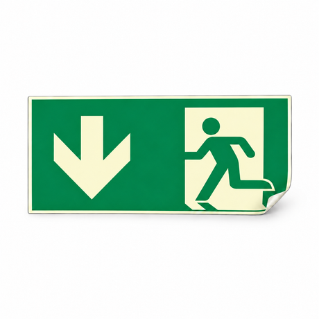 Rettungswegschild abwärts – ISO 7010 – E001 + E005 – Kunststoff langnachleuchtend selbstklebend