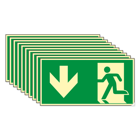 Rettungswegschild abwärts – ISO 7010 – E001 + E005 – Kunststoff langnachleuchtend selbstklebend Ultra – Mehrfachpack