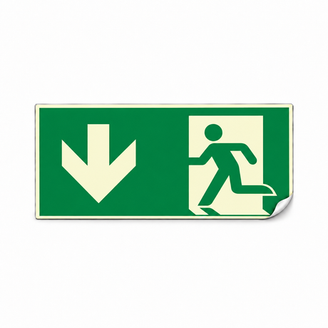 Rettungswegschild abwärts – ISO 7010 – E001 + E005 – Selbstklebender Kunststoff langnachleuchtend