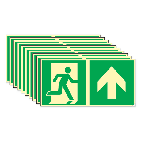 Rettungswegschild geradeaus – ISO 7010 – Kombiversion – Selbstklebender Kunststoff langnachleuchtend Ultra – Mehrfachpack