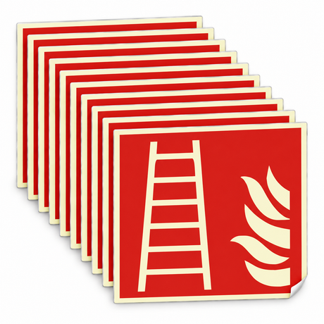 Brandschutzschild Feuerleiter – ISO 7010 – Kunststoff langnachleuchtend selbstklebend – Mehrfachpack