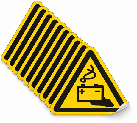 Warnschild Warnung vor Gefahren durch Batterien – Selbstklebende Folie – Mehrfachpack