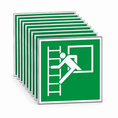 Rettungsschild Notfenster mit Fluchtleiter – ISO 7010 – Mehrfachpack