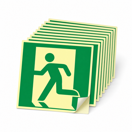 Rettungswegschild links – ISO 7010 – Symbol – Kunststoff langnachleuchtend selbstklebend (Set)