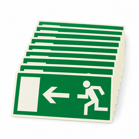 Rettungswegschild links – Symbol – Kunststoff langnachleuchtend selbstklebend (Set)