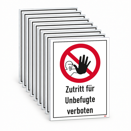 Schild mit Text und Symbol Zutritt für Unbefugte verboten – Mehrfachpack