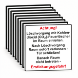 Zusatztext Warnschild Achtung! Löschvorgang im Raum – ISO 7010 – Mehrfachpack